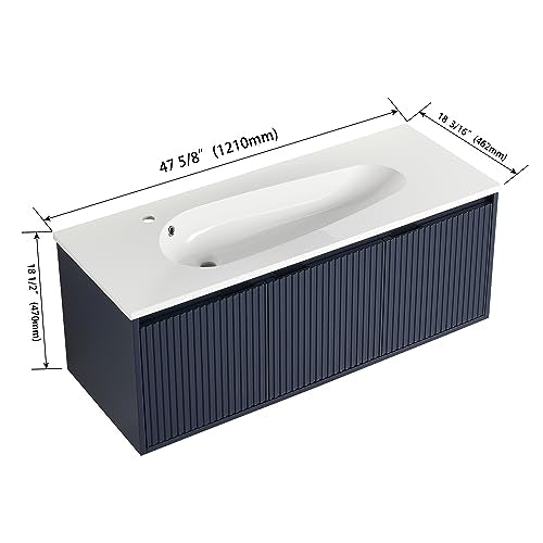 Malwee 48 Inch Floating Bathroom Vanity with Waterdrop Resin Sink, 3 Doors, Navy Blue