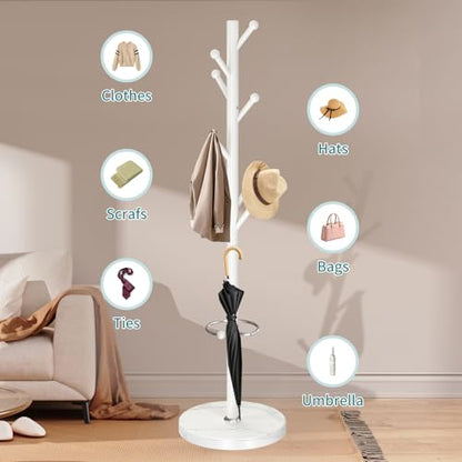 OIRUMIE Coat Rack,Metal Coat Rack Frestanding,White Coat Stand for Entryway | Coat Rack Stand with Marble Base & Umbrella Holder,Modern Coat Hanger Stand,Coat Clothes Tree Stand for Hallway - color: White-8 Hooks