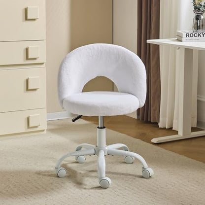 VINGLI Small Vanity Chair with Faux Fur Wheels for Girls,Cute Adjustable Height Armless Office Desk Chair,360°Swivel Comfy Rolling for Study,Make up Room,Small Space,White - color: Furry White