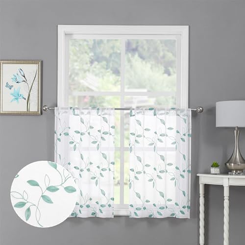 Tollpiz Teal Blue Leaf Sheer Tier Curtains Kitchen 30 x 24 Inches | Short Curtain Leaves Embroidered Rod Pocket Voile Bathroom Window Treatment for Cafe, Set of 2 Panels - color: Teal Blue, size: 30"W x 24"L (Pack of 2)