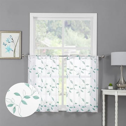 Tollpiz Teal Blue Leaf Sheer Tier Curtain Kitchen 30 x 36 Inches | Leaves Embroidered Curtains Rod Pocket Voile Bathroom Window Treatment for Cafe, Set of 2 Panels - color: Teal Blue, size: 30"W x 36"L (Pack of 2)