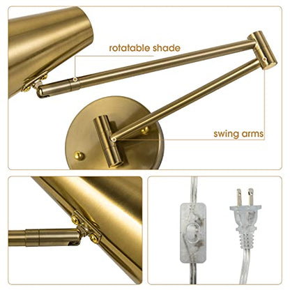 Plug in Wall Sconce Set of 2, Brass Swing Arms Wall Light Plug-in Wall Lamp for Bedroom Living Room Wall Lamp - color: A-Gold-2 Pack