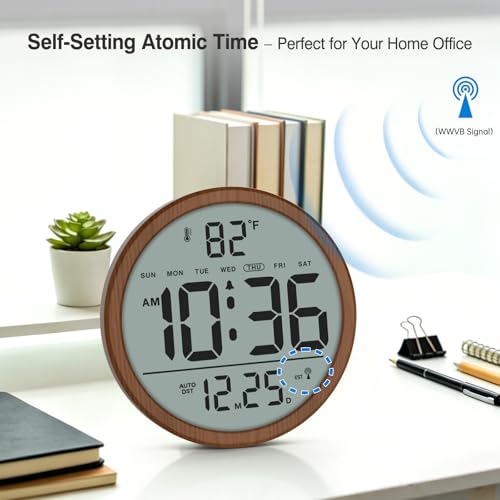 Digital Atomic Wall Clock Battery Operated, 8 Inch Large Display | Never Needs Setting Clock with Date and Temp, Auto DST, Self-Setting Time, Easy to Read for Bedroom, Living Room, Office - color: Brown