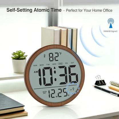 Digital Atomic Wall Clock Battery Operated, 8 Inch Large Display | Never Needs Setting Clock with Date and Temp, Auto DST, Self-Setting Time, Easy to Read for Bedroom, Living Room, Office - color: Brown
