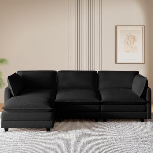 ROWHY 112'' Modular Sectional Cloud Couch with Movable Ottoman, 4 Seat Modern Chenille Sofa, Deep Seat L Shaped Couch for Living Room Bedroom Apartment,Jet Black - color: Jet Black, size: 112''