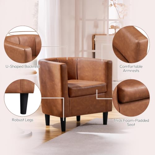 Yaheetech Barrel Accent Chair, Mid Century Armchair, Brown | Faux Leather Chair with High-Density Foam Seat, Upholstered Barrel Sofa Chair for Living Room Bedroom Waiting Room - color: Brown, size: Set of 1