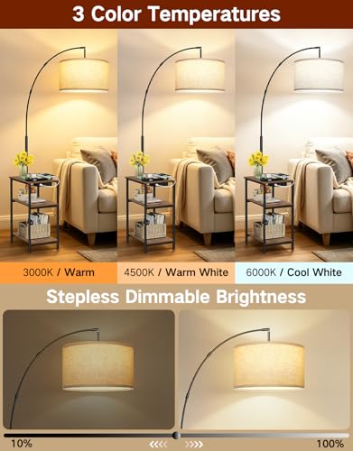 76'' Tall Arc Floor Lamp with Table & Remote, Side End Table with Charging Station, Dimmable Nightstand with 3 Color Temperatures, 1-Hour Timer, 9W LED Bulb for Living Room, Bedroom - color: Rustic Brown With Beige Shade