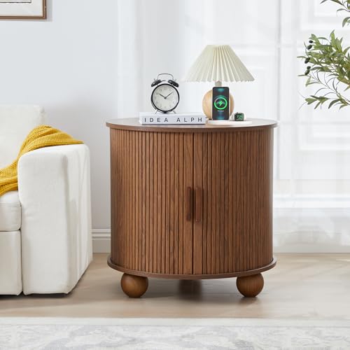 24" Round End Table with Charging Station, Fluted Side Table, Walnut | Farmhouse Sofa Side Tables Living Room, Mid-Century Wood Nightstand with Sliding Tambour Door & Storage, Round End Table - color: Walnut