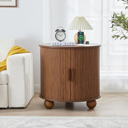24" Round End Table with Charging Station, Fluted Side Table, Walnut | Farmhouse Sofa Side Tables Living Room, Mid-Century Wood Nightstand with Sliding Tambour Door & Storage, Round End Table - color: Walnut
