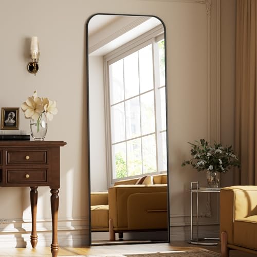 Full Length Mirror 64"x21" Arched Floor Standing Large Mirrors | Full Body Mirror with Stand - with Aluminum Frame for Bedroom Living Room, Black - color: Black, size: 64"L x 21"W