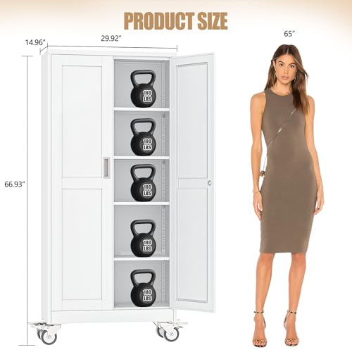 71" H Metal Pantry Storage Locker Cabinet with Wheels,Rolling Kitchen Pantry Cabinet with 2 Doors and 4 Adjustable Shelves, Lockable Steel Garage Tool Cabinet Organization for Home,Gym,School,White - color: 4white, size: 15"D x 29.9"W x 71"H