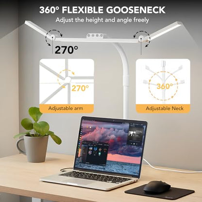 LED Desk Lamp for Home Office with Base, 28.2" Adjustable Gooseneck Swing Arm Bright Desk Light, Dimmable Architect Table Lamp for Desktop Computer Light, Reading, Study, Workbench（White） - color: White