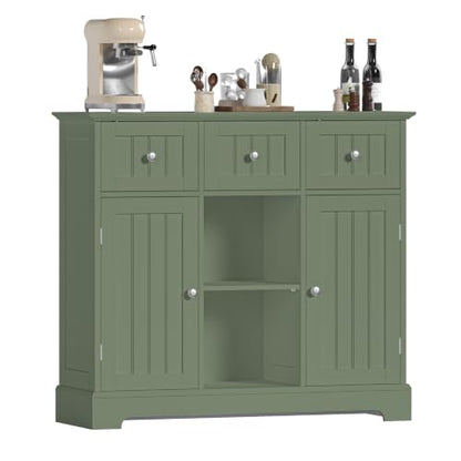 ChooChoo 35.4" Coffee Bar Cabinet with 3 Drawers and 2 Doors, Green | Buffet Cabinet with Adjustable Shelves, Storage Cabinet for Compact Kitchens, Dining rooms and Living rooms - color: Green
