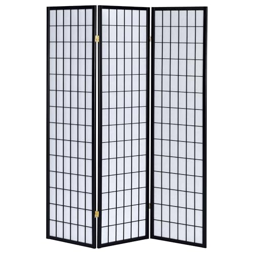 Coaster Home Furnishings - Carrie - Solid Wood - 3-Panel Folding Shoji Screen Room Divider with Black Frame, Linear Grid Design and Metal Hinges - Living Room - Black and White - 4622 - color: Black