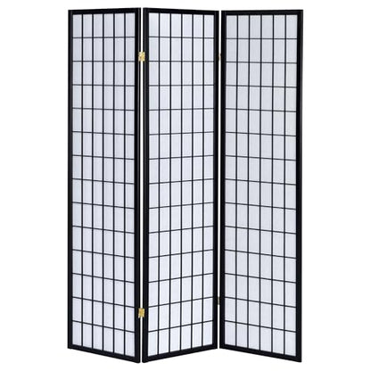 Coaster Home Furnishings - Carrie - Solid Wood - 3-Panel Folding Shoji Screen Room Divider with Black Frame, Linear Grid Design and Metal Hinges - Living Room - Black and White - 4622 - color: Black