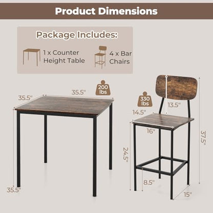 NAFORT Dining Table Set with Counter Height Table & 4 Bar Stools, 5-Piece Bar Table and Chairs with Footrest & Back Support, Space-Saving Dinette Set for Pub, Kitchen &Dining Room, Restaurant - color: Rustic Brown