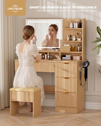 LIVELYGLOW 35.4" Wooden Makeup Vanity Set with Charging Station & Stool | Smart LED Mirror, Fluted Design, Cushioned Stool, Hairdryer Rack - color: Wooden