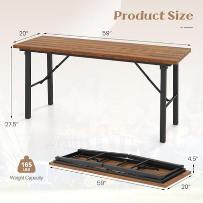Tangkula 59" Narrow Outdoor Dining Table for 4-6, No Assembly Foldable Patio Dining Table with Acacia Wood Top & Heavy Duty Metal Frame, Portable Table for Yard, Garden, Poolside or Indoor (Natural)
