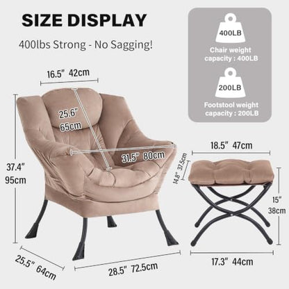 Lazy Chair with Ottoman, Comfy Reading Accent Chair, Velvet Khaki | Foldable Footrest, Padded Seat and Backrest, Side Pocket for Lounging in Living Rooms, Bedrooms, Dorms and Small Spaces - color: Khaki