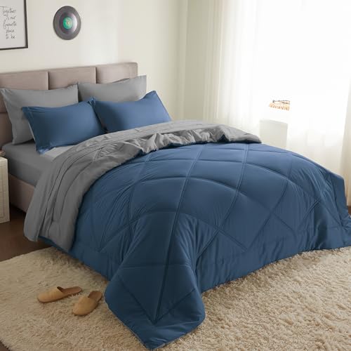 Joiedomi Queen Comforter Set with Sheets Navy Blue, 7 Pieces Queen Bed Set with 1 Down Alternative Comforter, 1 Flat Sheet, 1 Fitted Sheet, 2 Pillowcases and 2 Pillow Shams, Bed in a Bag All Seasons - color: Navy Blue, size: Queen