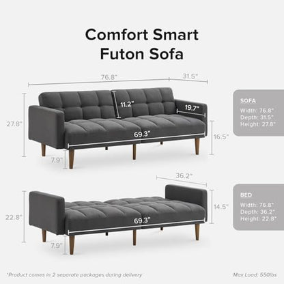 mopio 76.4" Futon Sofa Bed Tufted Styled, Sleeper Couch (Dark Grey Fabric) | A textured seat folds flat for sleepovers; snug proportions slip into lofts and small lounges. - color: Dark Grey Fabric