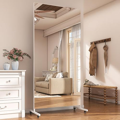 Hasipu 74.8" x 27.5" Full Length Floor Mirror on Wheels, White | Tempered glass, sturdy metal frame, smooth rolling casters, removable stand, ideal for gym, bedroom, dance studio & yoga. - size: 74.8"L x 27.8"W