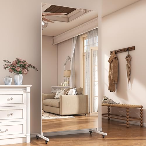 Hasipu 74.8" x 27.5" Full Length Floor Mirror on Wheels, White | Tempered glass, sturdy metal frame, smooth rolling casters, removable stand, ideal for gym, bedroom, dance studio & yoga. - size: 74.8"L x 27.8"W