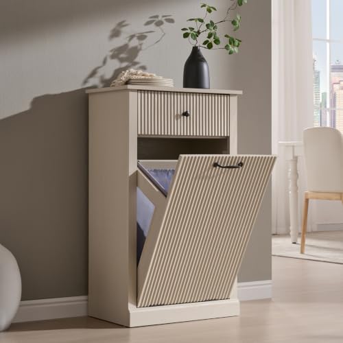 IFGET Tilt-Out Trash Can Cabinet, Modern Laundry Hamper Cabinet, Cream | 10 Gallon Fluted Laundry Hamper Cabinet w/Drawer, Wooden Hidden Garbage Can Cabinets w/Storage Basket for Kitchen - color: Cream, size: Single Door
