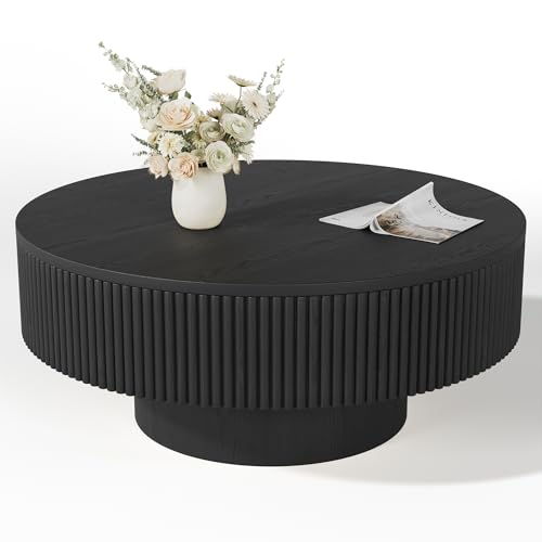 YOUDENOVA 35” Round Fluted Coffee Table, Modern Wood Circle Coffee Table, Veneer Handcrafted Relief Tea Table with Sturdy Pedestal for Living Room - Black - color: 35" Black-round