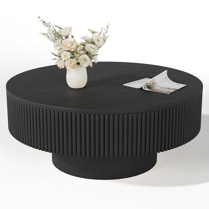 YOUDENOVA 35” Round Fluted Coffee Table, Modern Wood Circle Coffee Table, Veneer Handcrafted Relief Tea Table with Sturdy Pedestal for Living Room - Black - color: 35" Black-round