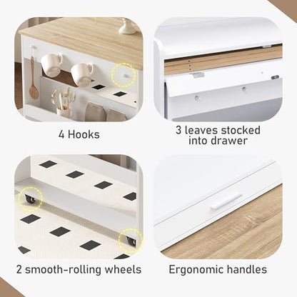 RuiSiSi Space Saving Folding Dining Table for 2-4, Farmhouse Buffet with Hutch and Storage Shelves, Multifunctional Cupboard with Side Hooks for Small Space, Studio, Apartment, Natural+White - color: Natural+white