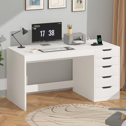 47 Inch Computer Desk with 5 Drawers and Power Outlets for Small Spaces | Home Office Desks with Storage File Cabinet and Charging Station, Modern Simple Laptop Desk Writing Table, White - color: White