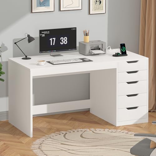 47 Inch Computer Desk with 5 Drawers and Power Outlets for Small Spaces | Home Office Desks with Storage File Cabinet and Charging Station, Modern Simple Laptop Desk Writing Table, White - color: White