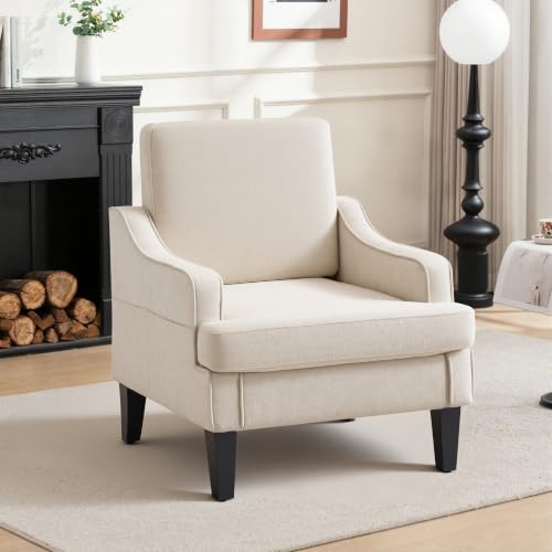 Accent Chair for Living Room,Mid-Century Arm Chair Fabric Living Room Chairs,Upholstered Reading Chair for Bedroom,Single Sofa Chair with Wood Legs for Apartment (Beige) - color: Beige