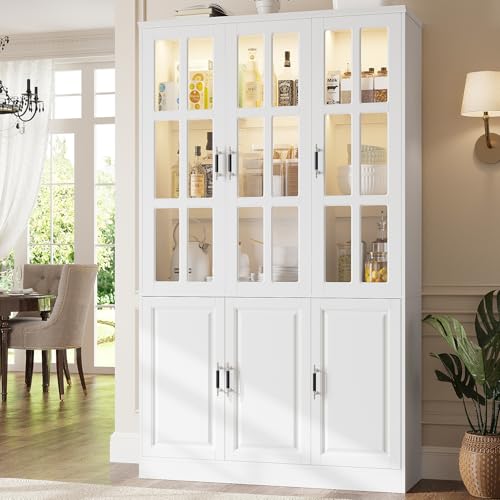 78.7" Kitchen Pantry Storage Cabinet with LED Lights, Tall Pantry Cabinet with Glass Doors, Kitchen Hutch Utility Pantry, White (47.2" W x 15.7" D) - color: White, size: 6 Doors