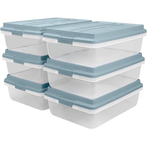 Hefty 40 Quart Hi-Rise Storage Bin with Lid, Stackable Plastic Container Tote for Home, Office, and Classroom Organization, 6 Pack, Smoke Blue - size: 40 Qt - 6 Pack