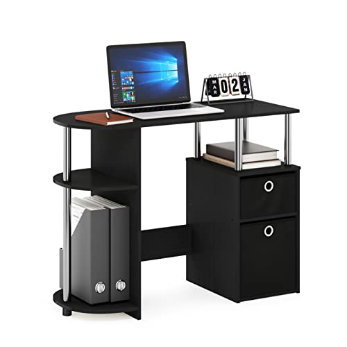 Furinno Jaya Simplistic Computer Study Desk, Americano/Chrome/Black | Bin Drawers, Computer Desk with Side Shelf, Office Desk for Study, Home Office, Bedroom, Dorm, Study Room - color: Americano/Stainless Steel/Black
