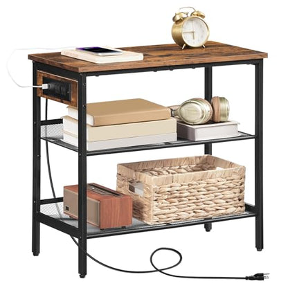 HOOBRO End Table, 3-Tier Narrow Side Table with Charging Station, Nightstand with 2 Flat or Slant Adjustable Shelves for Small Spaces, Living Room, Bedroom, Rustic Brown and Black BF23UBZ01G1 - color: Rustic Brown + Black