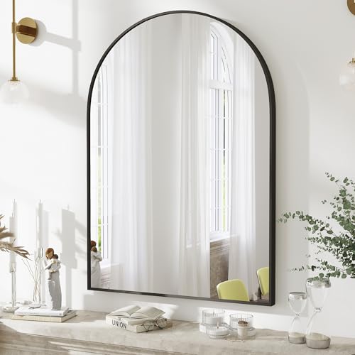 SCWF-GZ 36x24 Arch Mirror Rectangle Full Length Wall Mounted Hanging or Against Wall Metal Aluminium Alloy Frame Dressing Make-up Mirrors for Entryway Bedroom Bathroom Living Room 36 24 inch Black | HD Crystal Clear No distortion Tempered Glass,Make-Up Va