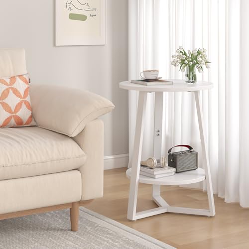 sthmec Small Round End Table, 2 Tier Side Table with Storage Shlef,Coffee Table Wooden Tabletop & Metal Frame,Round Accent Table Small Nightstands Couch Tables for Bedroom,Livingroom,White - color: White