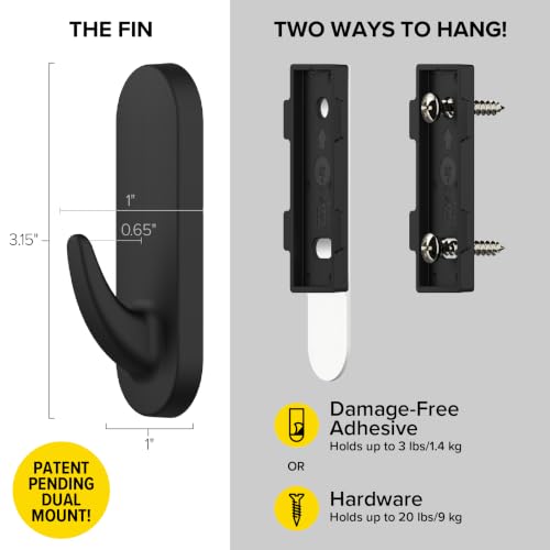 Wrap-It Storage Handy Hooks - The Fin Medium 10 Pack (Black) | Dual Option Wall Mount or Removable Adhesive Hooks - Dorm Room Essentials, Hand Towel Holder, Hat Rack for Wall, Door Hanger - color: Black, size: Medium 10-Pack