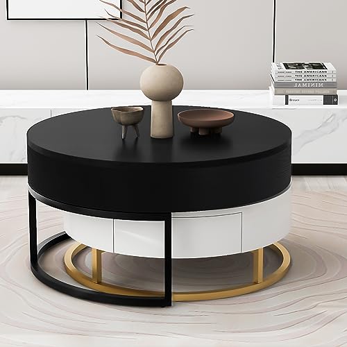 Modern Round Lift-top Nesting Coffee Tables with 2 Drawers for Living Room White & Black - color: White+black
