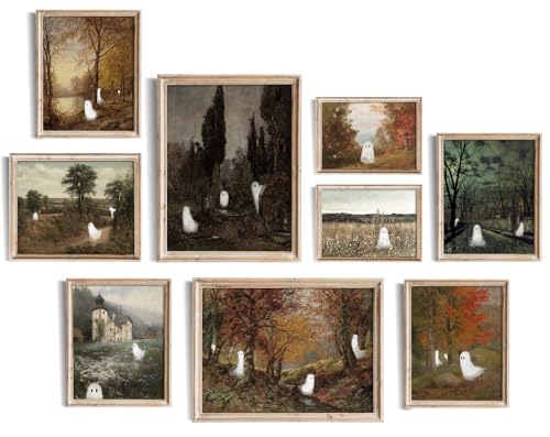 uniro Cute Ghost Decor Halloween Wall Art Prints, Vintage Ghost Pictures for Halloween Wall Decor, Spooky Autumn Landscape Canvas Oil Painting, Moody Gothic Home Decor Dark Academia Aesthetic Posters for Bedeoom, Gallery, Living Room, Bathroom (UNFRAMED)