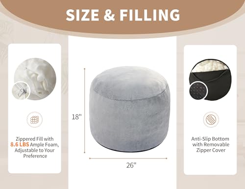WSOFRLAC Boho Ottoman Living Room Furniture 26"x18", Large Round Ottomans Pouf Couch Foot Rest Grey Pouf Ottoman Foot Rest with Foam Chunk Filling Pouffe Ottomans Stuffed Foot Rest Poufs for Couch - color: Light Grey, size: 26"D x 26"W x 18"H