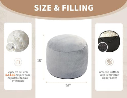 WSOFRLAC Boho Ottoman Living Room Furniture 26"x18", Large Round Ottomans Pouf Couch Foot Rest Grey Pouf Ottoman Foot Rest with Foam Chunk Filling Pouffe Ottomans Stuffed Foot Rest Poufs for Couch - color: Light Grey, size: 26"D x 26"W x 18"H