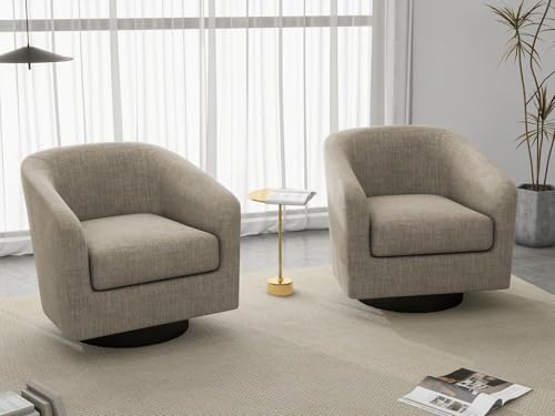 Swivel Accent Chair, Fabric Upholstered Barrel Club Chair, Light Brown | Modern Round Armchair | Comfy Reading Seat with Removable Cushion | For Living Room, Bedroom, Office - color: Flax Light Brown