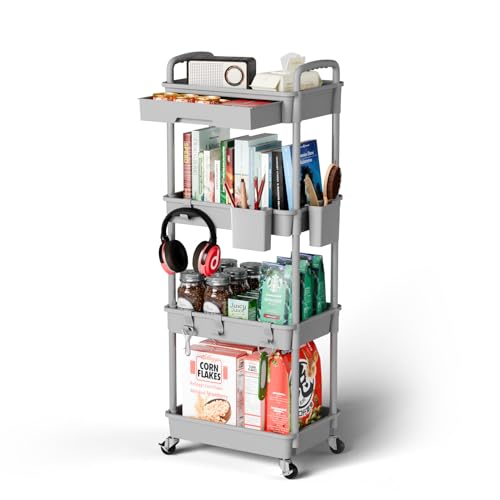 Sorgion 4 Tier Rolling Cart Organizer,Art Craft Diaper Bedside Snack Laundry Room Bathroom Organizer Narrow Thin Slim Rolling Trolley Utility Cart with Wheels for Kitchen,Office(Grey) - size: 4Tier-Grey