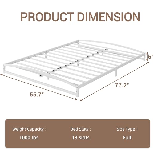 IDEALHOUSE Low Bed Frame, 6 in Full Size Metal Platform Bed Frame, White | Arch Design, Heavy Duty Bed Frame, Strong Bearing Capacity, No Box Spring Needed, - color: 6 Inch White, size: Full