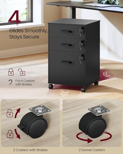 VASAGLE 3-Drawer Mobile File Cabinet, Home Office, Locking, Printer Stand | Highlight: Small Rolling, A4, Letter-Size Hanging File Folders, Ink Black, CUSTOS Collection UOFC084BC01SV1 - color: Ink Black, size: 3 Drawers with Lock