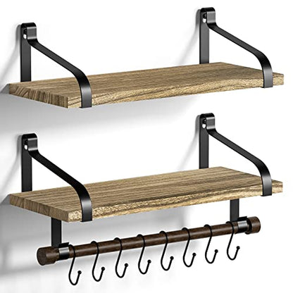 Love-KANKEI 17.3"Floating Wall Shelves Set of 2,Solid Wood,Carbonized Black | Coffee Bar,Spice Rack,Towel Bar/8 Hooks,39 Lbs/shelf,Easy to Install,For Kitchen,Bathroom,Living Room,Bedroom,Office,Entryway - color: Carbonized Black